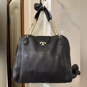 Tory Burch Black Pebbled Leather Shoulder Bag with Gold Accents